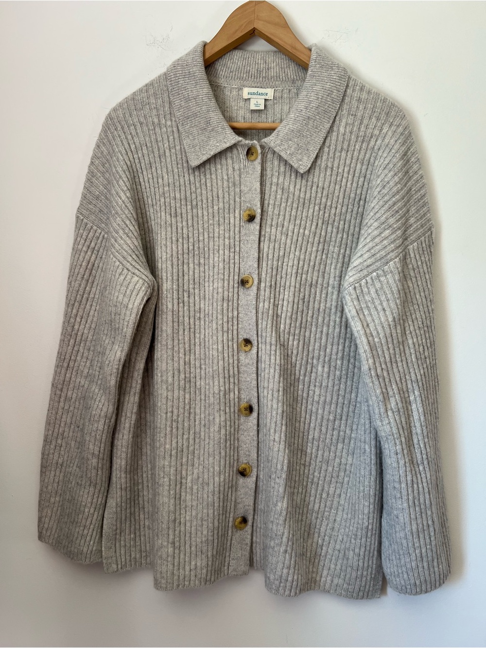 Sundance 70% Wool 30% Cashmere Ribbed Button Front Cardigan Gray L